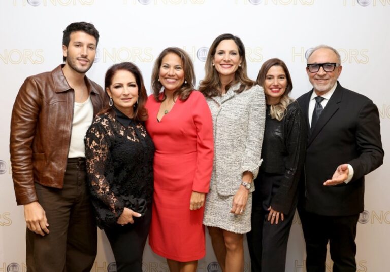 Pictured (L-R): Honorees Sebastián Yatra, Gloria Estefan,  Congresswoman Veronica Escobar,  Congresswoman María Elvira Salazar, Sony Music Latin’s Maria Fernandez and Emilio Estefan